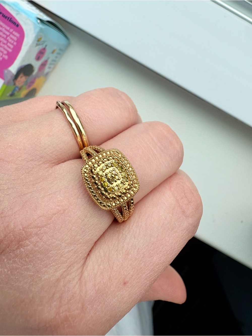 Gold-Tone Sterling Silver 925 Square Cluster Ring .1 ct Natural Yellow Diamonds